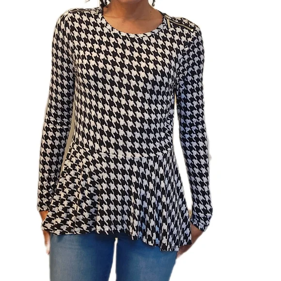 Michael Kors Peplum Black and White Houndstooth Longsleeve Women's Top - Picture 1 of 7